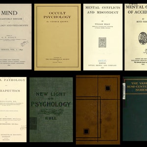 May include: A collection of eight vintage books on psychology, mental health, and occultism. The books have different coloured covers, including green, brown, and cream. The titles include "Mind", "Occult Psychology", "Mental Conflicts and Misconduct", "Mental Causes of Accidents", "Mental Pathology", "New Light on Psychology", and "The Vassar Semi-Centennial Series".