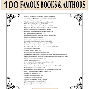 May include: A digital download graphic listing 100 famous books and authors. The text is in black font on a cream background, with a decorative border. The list includes titles like "Pride and Prejudice" and "Adventures of Sherlock Holmes".