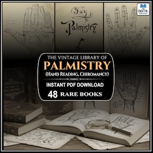 May include: An advertisement for a digital download of 48 rare books on palmistry. The image features illustrations of hands, open books, and the text "Key to Palmistry" and "The Vintage Library of Palmistry".