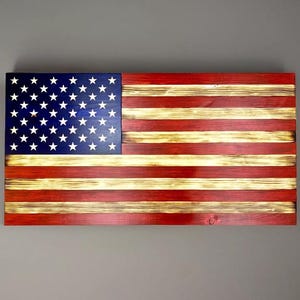Large 19.5&quot;x37&quot; Distressed Wooden American Flag With Carved Stars