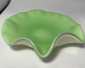 Vintage Light Mint Green Wavy Bowl Milk Glass Hand Blown Handmade