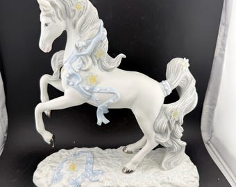 VTG Fine Porcelain Horse “Yuletide Majesty” Princeton Gallery Figurine-Limited 2002- Blue Ribbon, Pearl, Whimsical Girl Nursery Decor