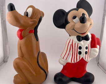 Figura de cerámica vintage de Walt Disney Productions, década de 1970, Mickey Mouse y Pluto, pintada a mano, 23 cm