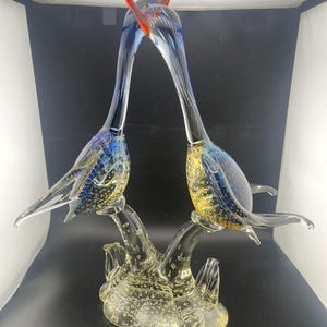 Murano Art Glass Birds Sculpture Figurine Blue Red Signed ARTE MURANO ICET 15.5”