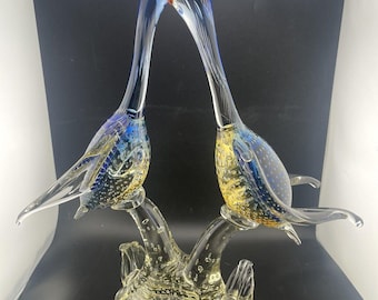 Murano Art Glass Birds Sculpture Figurine Blue Red Signed ARTE MURANO ICET 15.5”