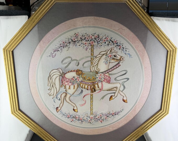 Vintage Carousel Horse Art Print in Hexagonal Gold Frame Pink Purple ...