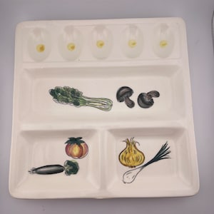 Vintage Ceramic Vegetable Egg Tray Veggies Asparagus Mushroom Tomato Onion Snack Platter