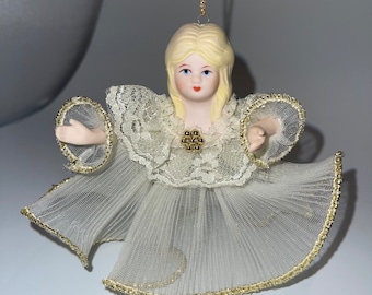 Vintage Blonde Girl Ceramic Gold Christmas Ornament