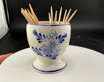 Vintage Delft Blue pottery egg cup Floral Toothpick Holder White Blue Ceramic