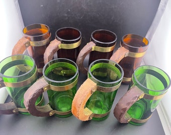 8 Vintage Beer Mug Green Brown Glass w wood handle Handmade Upcycled