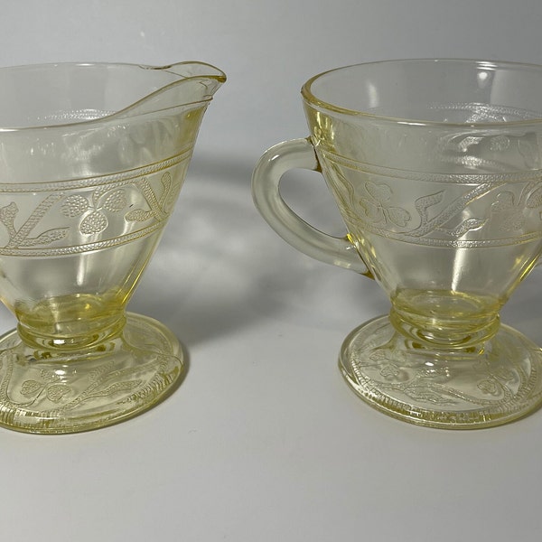 Vintage Hazel Atlas Gold Yellow Cloverleaf Sugar and Creamer Set Depression Glass Double Handled Sugar Bowl