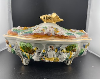 Antique Pereiras Valado Majolica Covered Dish - Cherubs, Seashell, Gold, Trees, Hand Painted Made in Portugal