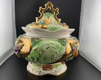 Vintage Pereiras Valado Portugal Hand Painted Porcelain Lidded Bowl Green Gold with Roses