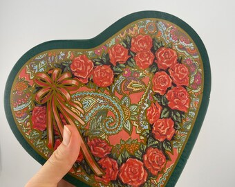 Vintage Heart Tin Valentines Day Nobel Hall 1980's Paisley Rose Print Tin Green & Red Heart Heartfelt GiftTin