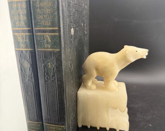 White Alabaster Stone Hand Carved Polar Bear Sculpture Alaska Bookend