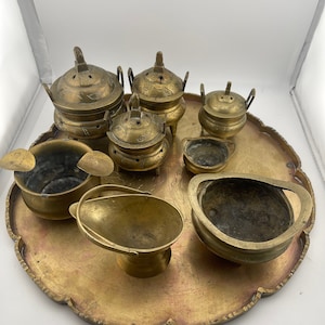 Antique Brass Gold Chinese Incense Burner Footed Lid Set 1930s Signed 8 pieces with Brass Tray