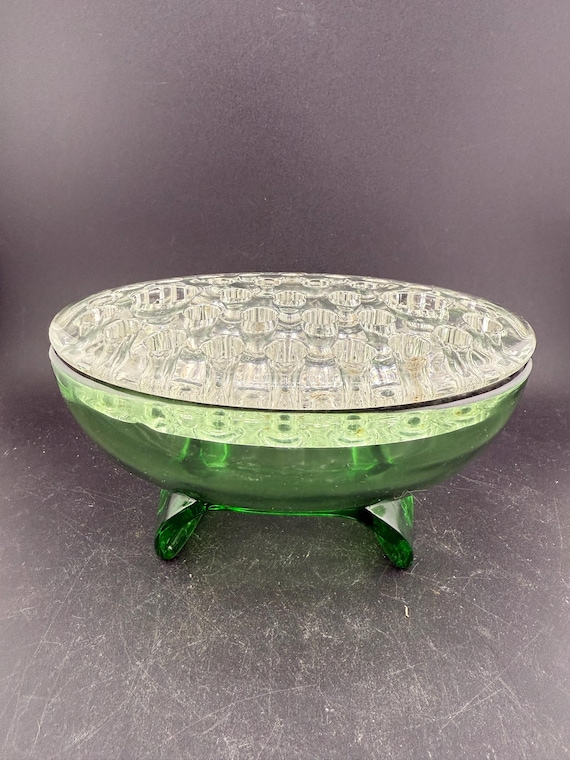 Vintage MCM Green Martinsville Viking Glass Vase Bowl with Clear Oval Flower Frog