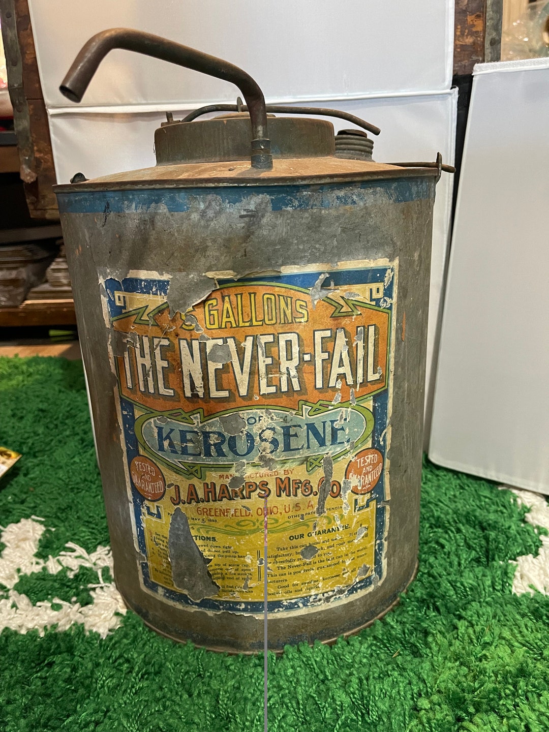Antique KEROSENE Can Vintage the Never-fail 5 Gallon Metal Oil Can