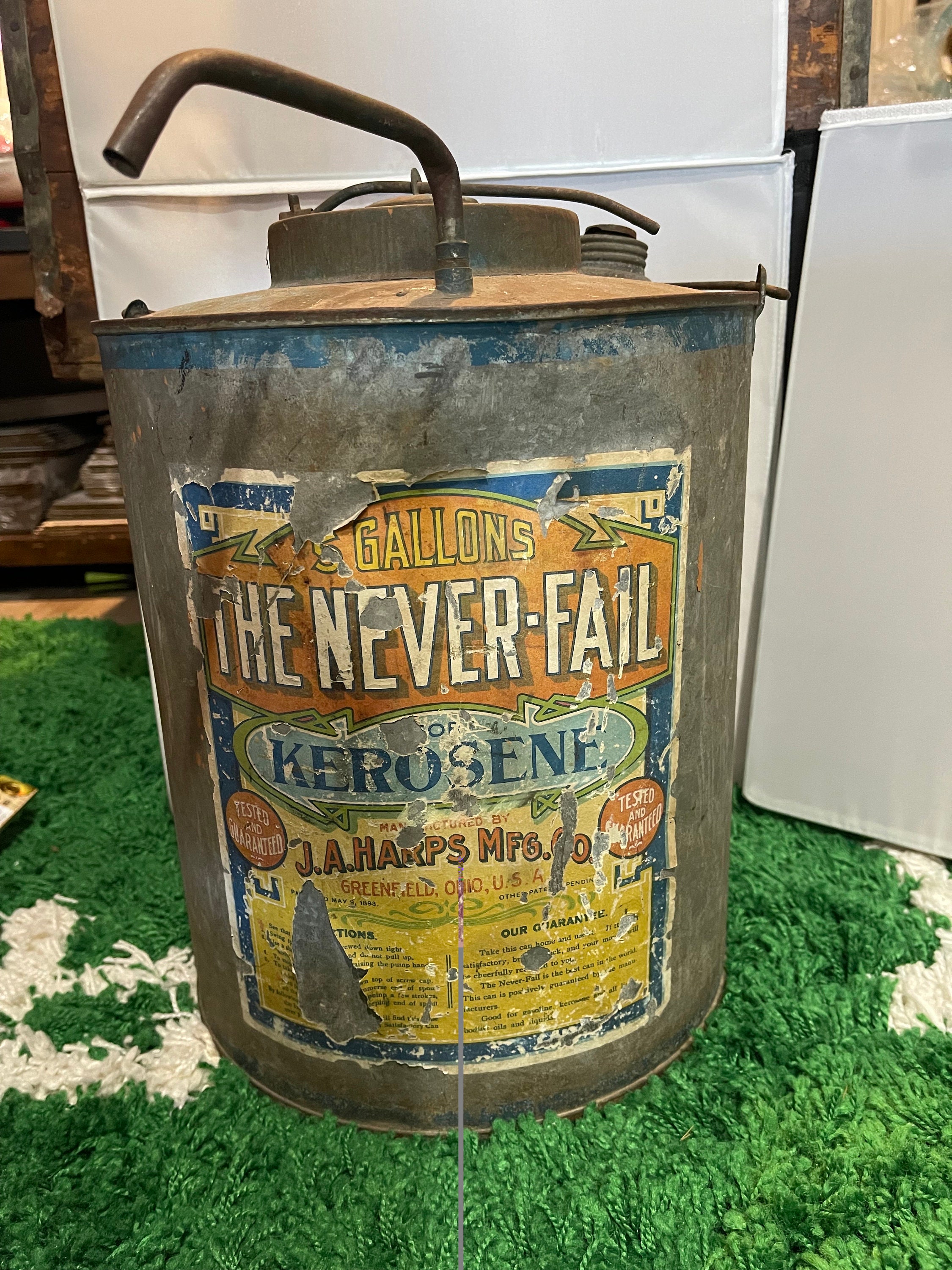 Antique KEROSENE Can Vintage the Never-fail 5 Gallon Metal Oil Can