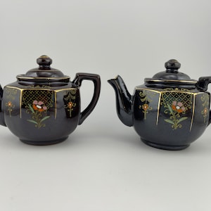 Set 2 Vintage Japanese Teapot Redware Brown Hand painted Floral Flowers Gold Trim “Made in Occupied Japan”