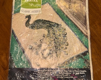 Kit de alfombra de gancho de pavo real vintage / Kit de alfombra de gancho de tía Lydia vintage / Kit de aguja de punzón para alfombra de animales vintage 24x36