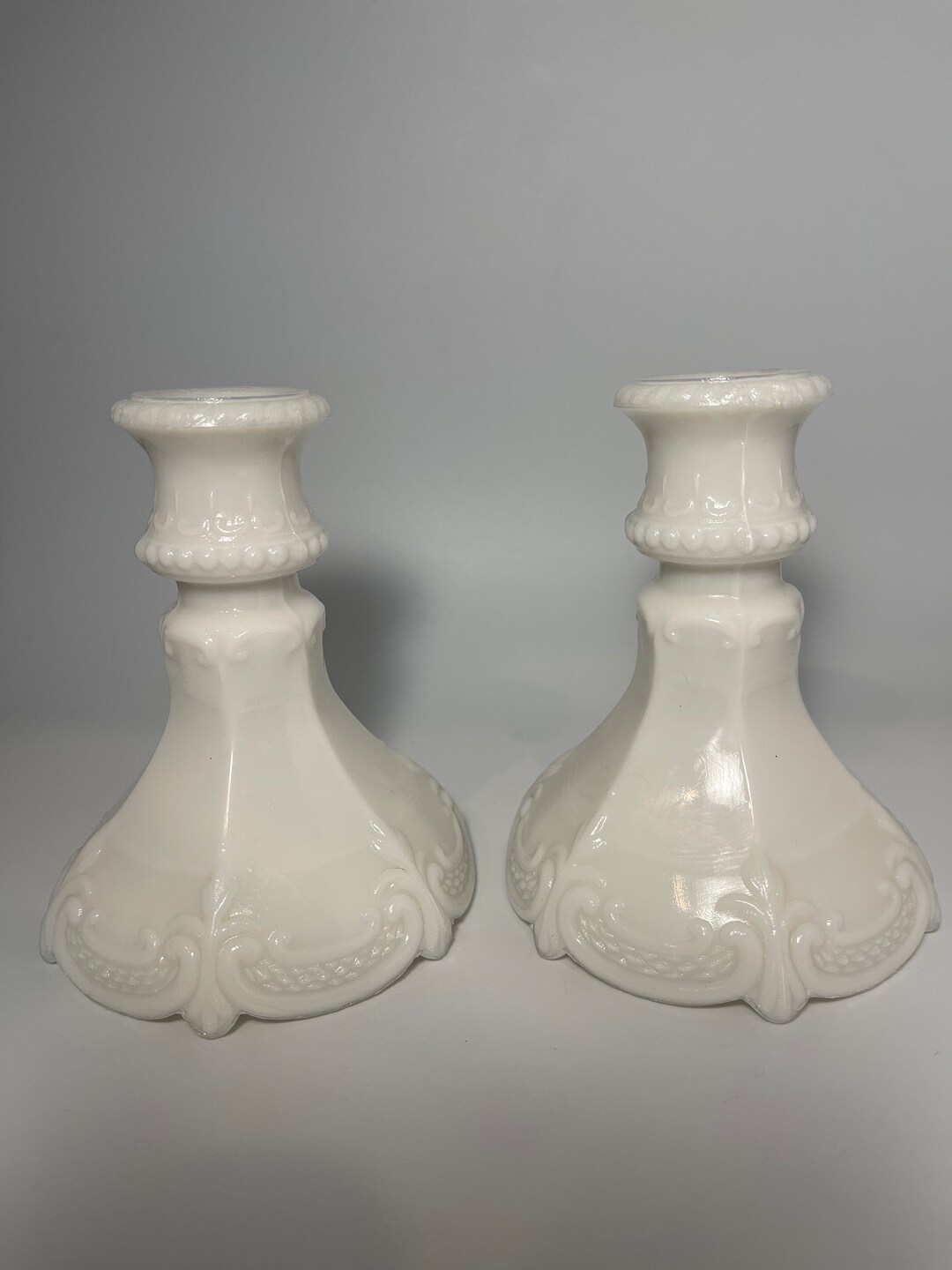 Set of Vintage Milk Glass Candle Holders Pressed White Glass Etsy