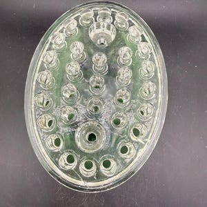 May include: Clear glass flower frog, oval in shape, with numerous holes and a central raised area. Designed to hold flower stems, the glass has a slightly textured appearance. The dimensions are approximately 18 cm x 13 cm.
