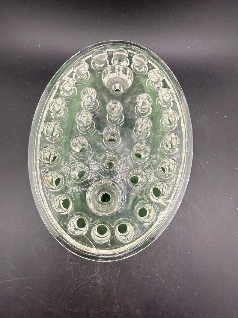 May include: Clear glass flower frog, oval in shape, with numerous holes and a central raised area. Designed to hold flower stems, the glass has a slightly textured appearance. The dimensions are approximately 18 cm x 13 cm.
