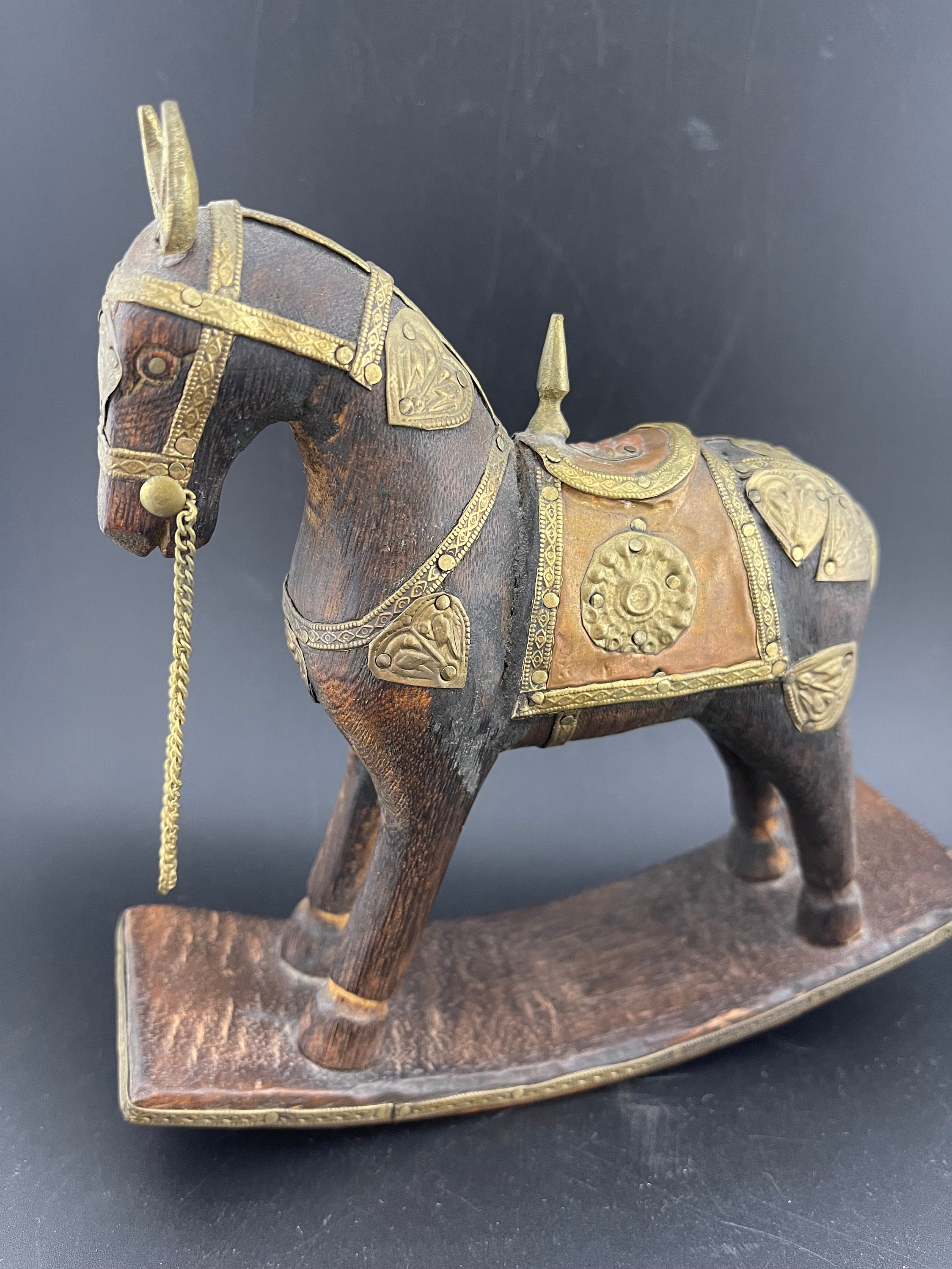 Vintage Wooden Rocking Horse Figurine with Metal Details Brass Copper