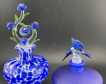 Pair Vintage Blown Art Glass Cobalt Blue Perfume Bottles Hummingbird and Floral Flowers Designs Royal Limited Crystal