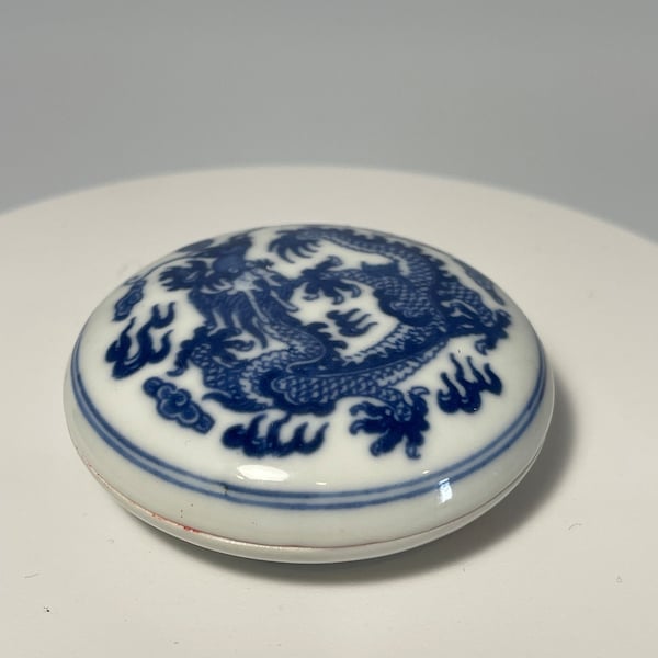 Antique Chinese Blue Dragon White Porcelain Ink Box or Makeup Holder Paste Box