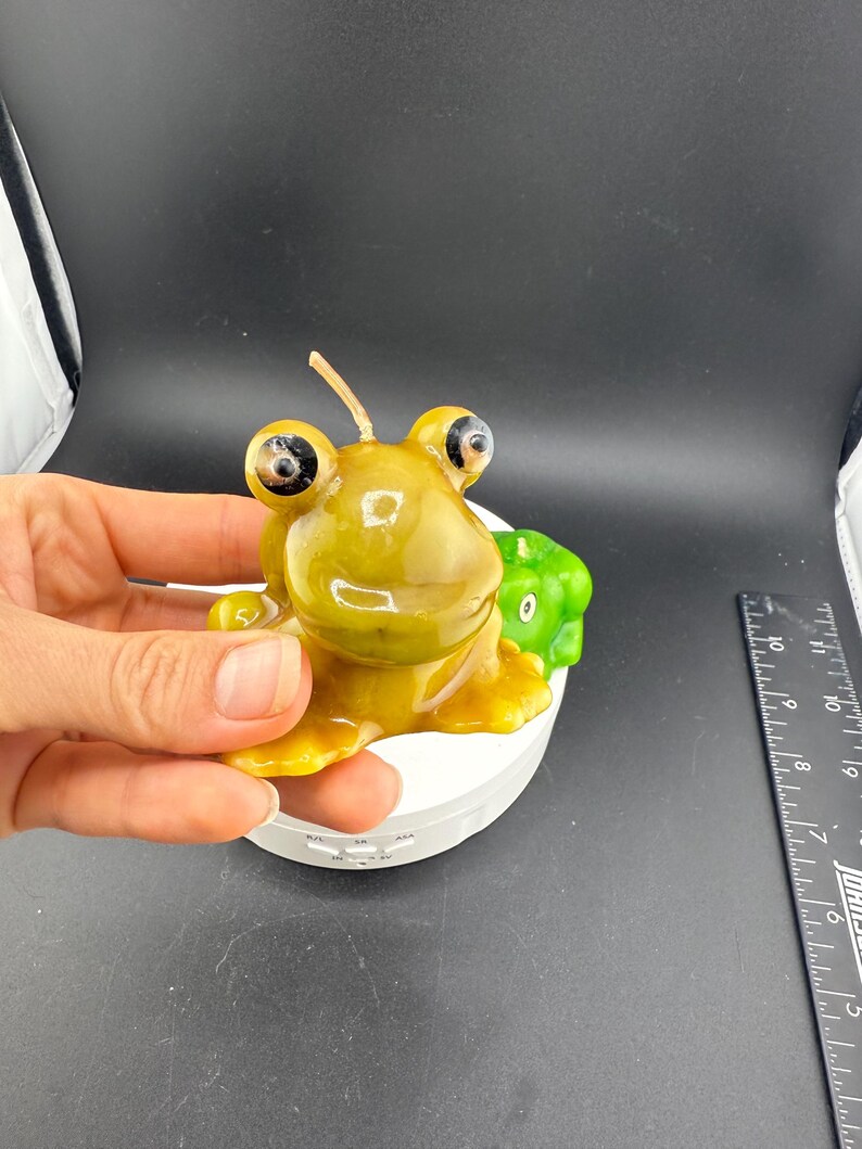May include: A frog-shaped candle in shades of yellow and green. The candle has large, detailed eyes and a small, green frog candle next to it. The candle is held by a hand.