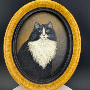 Black & White Cat Portrait Wood Framed Original Oil by Folk Artist Lynn Bresciani
