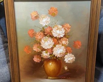 ROBERT COX ORIGINAL oil on canvas pink flowers in vase large painting framed