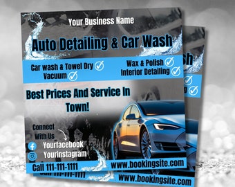 Op de afbeelding: Een blauwe en zwarte flyer met een witte auto erop. De flyer adverteert autodetailing en autowasdiensten. De tekst op de flyer zegt "Auto Detailing & Car Wash", "Car wash & Towel Dry", "Vacuum", "Wax & Polish", "Interior Detailing", "Best Prices And Service In Town!" and "Connect With Us".