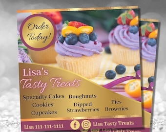 May include: A flyer template featuring cupcakes topped with blueberries and strawberries. The flyer has a gold and purple color scheme with the text "Order Today!" and "Lisa's Tasty Treats". It lists various baked goods like cakes, cookies, and cupcakes.