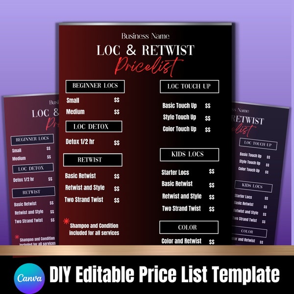 Loc And Retwist Pricelist, Loc And retvist Flyer, Locs, Hair Pricelist, Salon Pricelist, Editable Template, Canva Price List Template