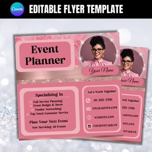 Może przedstawiać: Różowa ulotka z fotografią kobiety w okularach i różowej bluzie. Ulotka reklamuje usługi planowania imprez z tekstem "Event Planner" i "Specializing In: Full Service Planning, Event Design & Decor, Vendor Networking, Top Notch Customer Service". Ulotka zawiera również dane kontaktowe, takie jak numer telefonu, adres e-mail, stronę internetową i nazwy użytkowników mediów społecznościowych.