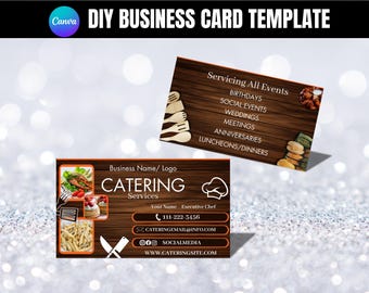 May include: A brown wooden business card template for a catering service. The card features a photo of food, a chef's hat, and the text "Catering Services". The card also includes the business name, phone number, email address, social media icons, and website address.