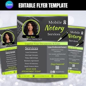 Puede incluir: Plantilla de folleto editable para servicios de notaría móvil. El diseño presenta una foto de una mujer, con el texto "Servicios de notaría móvil" y una lista de servicios ofrecidos, incluidos documentos de préstamo y licencias de matrimonio.