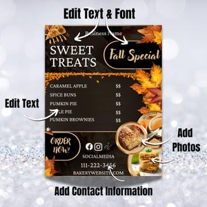 May include: A fall-themed bakery menu with the text "SWEET TREATS" and "Fall Special." The menu lists caramel apple, spice buns, pumpkin pie, and pumpkin brownies. Includes social media icons and contact information.