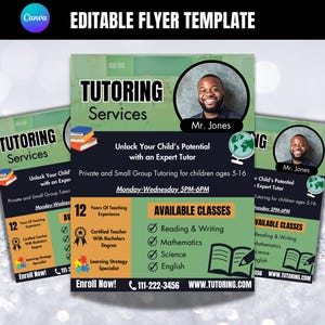 Modelo de folheto para tutoria, serviços de tutoria, folheto editável para tutoria, modelo do Canva