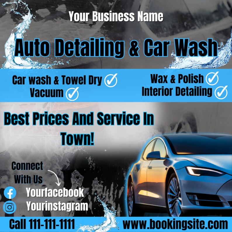 May include: A blue and white advertisement for an auto detailing and car wash business. The ad features a checkmark next to the services offered: car wash and towel dry, vacuum, wax and polish, and interior detailing. The ad also includes the business's website and phone number.