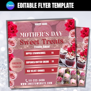 Ulotka na Dzień Matki, Ulotka na Deser, Szablon ulotki na Słodkie Przysmaki, Ulotka DIY Canva, Szablon menu piekarni, Ulotka na Dipped Treats