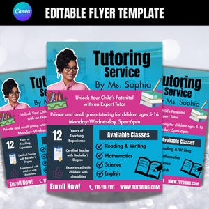 Modelo de folheto para tutor, folheto de tutoria editável do Canva, anúncio de serviços de tutoria do ensino fundamental