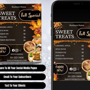 May include: A digital menu for "Sweet Treats" with a "Fall Special" theme. The menu features caramel apple, spice buns, pumpkin pie, apple pie, and pumpkin brownies. The design includes fall leaves and a call to action to order now.