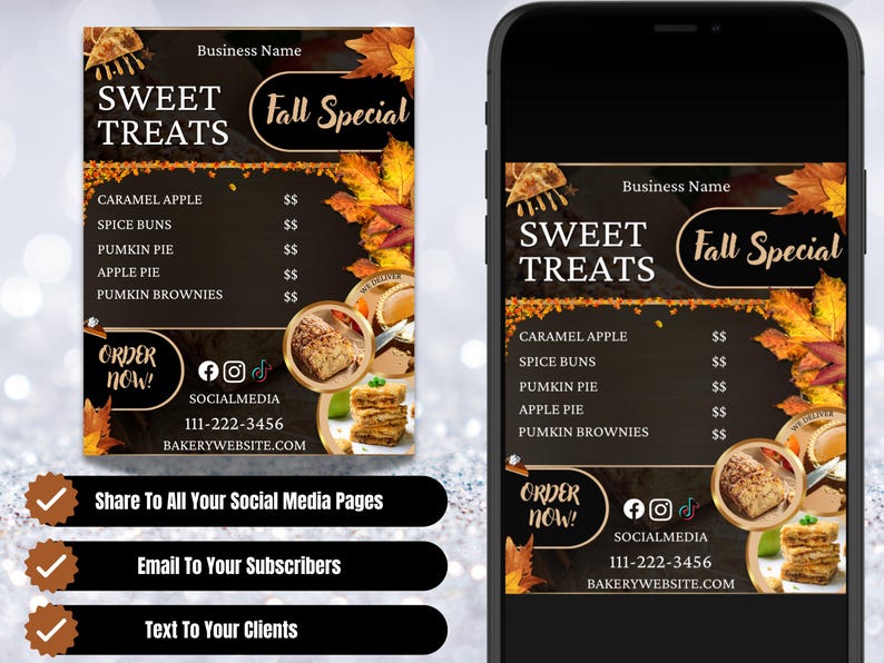 May include: A digital menu for "Sweet Treats" with a "Fall Special" theme. The menu features caramel apple, spice buns, pumpkin pie, apple pie, and pumpkin brownies. The design includes fall leaves and a call to action to order now.