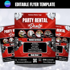 以下が含まれることがあります： 赤と黒のデザインで、パーティーレンタルのお得な情報を宣伝する編集可能なフライヤーテンプレート。フライヤーには、シルバーと黒の風船のグラフィックが使用され、背景、玉座の椅子、テーマ別の装飾などのレンタルサービスがリストされています。「Party Rental Deals」のテキストが目立つように表示されています。