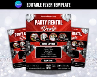 May include: An editable flyer template with a red and black design, advertising party rental deals. The flyer features silver and black balloon graphics and lists rental services such as backdrops, throne chairs, and themed decor. The text "Party Rental Deals" is prominently displayed.