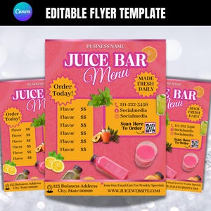 Modelo de menu de sucos, lista de preços de bebidas mistas, lista de preços de barman, menu de smoothies, modelo de preços de bebidas faça você mesmo, menu de folhetos editável